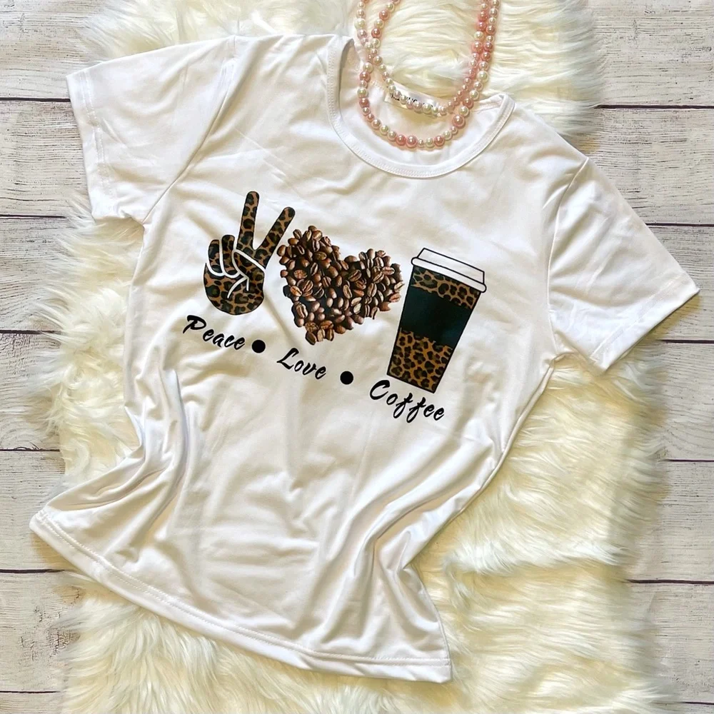 Leopard print PEACE•LOVE•COFFEE Women’s Fashion T-shirt Size S - Picture 2 of 7
